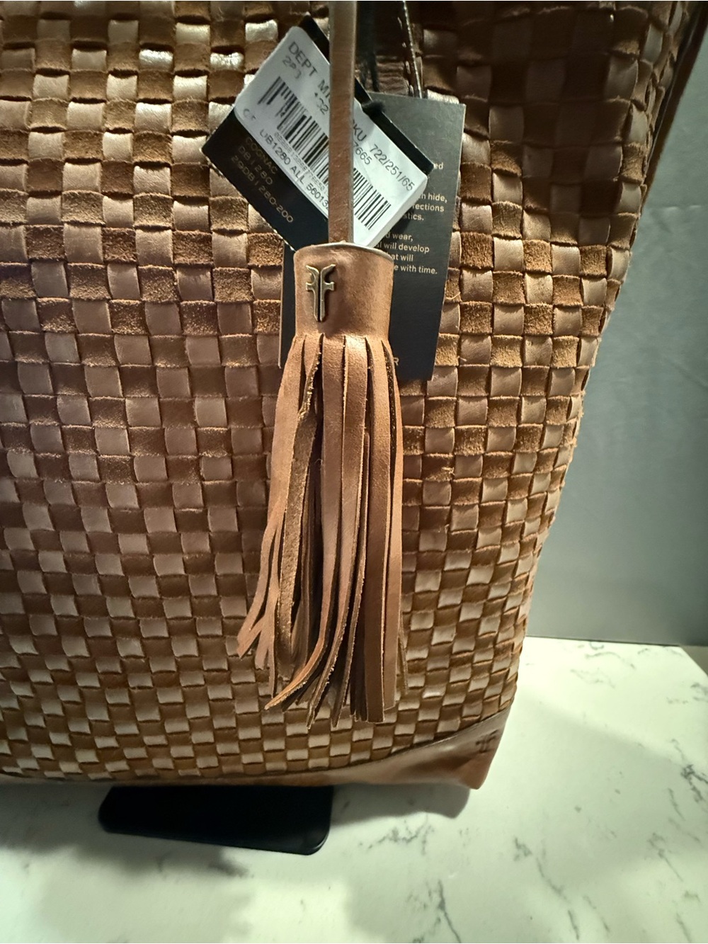 Frye Woven Leather Shoulder Tote in Cognac Brown with Tassel - Picture 5 of 14